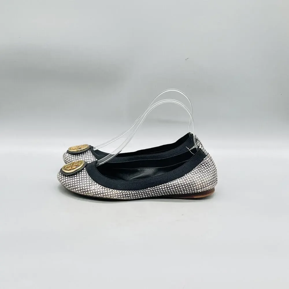 Tory Burch Shoes Womens 6 Silver Leather Check Logo Ballet Flats Slip On Party